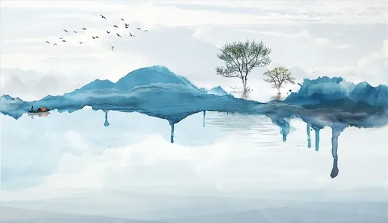 水墨山水 小船 树 大雁背墙图片