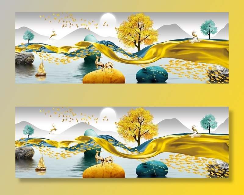 时来运转麋鹿发财树金色山水装饰图片