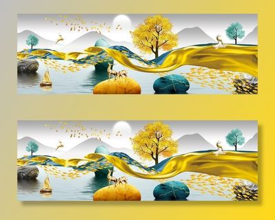 时来运转麋鹿发财树金色山水装饰图片