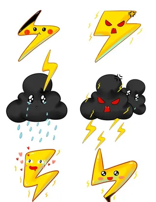 手绘乌云闪电卡通表情雷电云元素图片