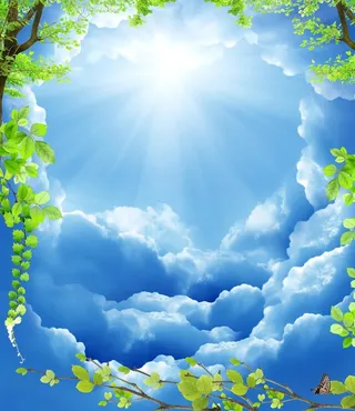 蓝天白云绿叶背景图片
