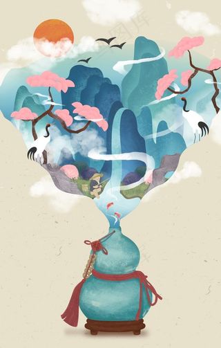 山水插画卡通国风古风色彩背景图片