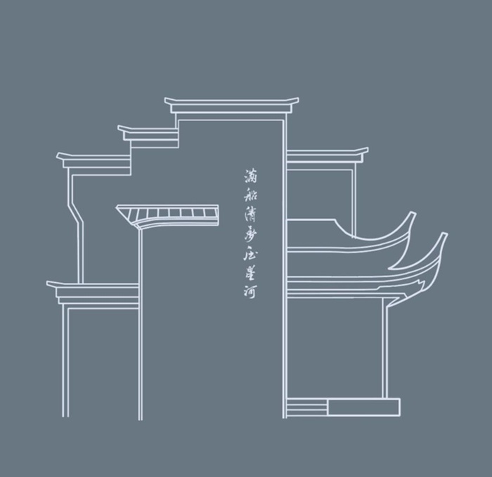 中式手绘线条徽派建筑图片