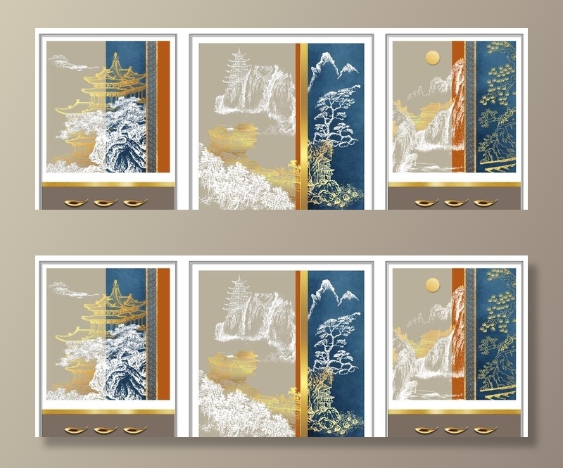 中式山水线条国画装饰画图片(11811x4724)