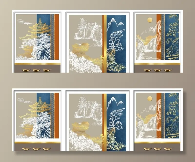 中式山水线条国画装饰画图片(11811x4724)