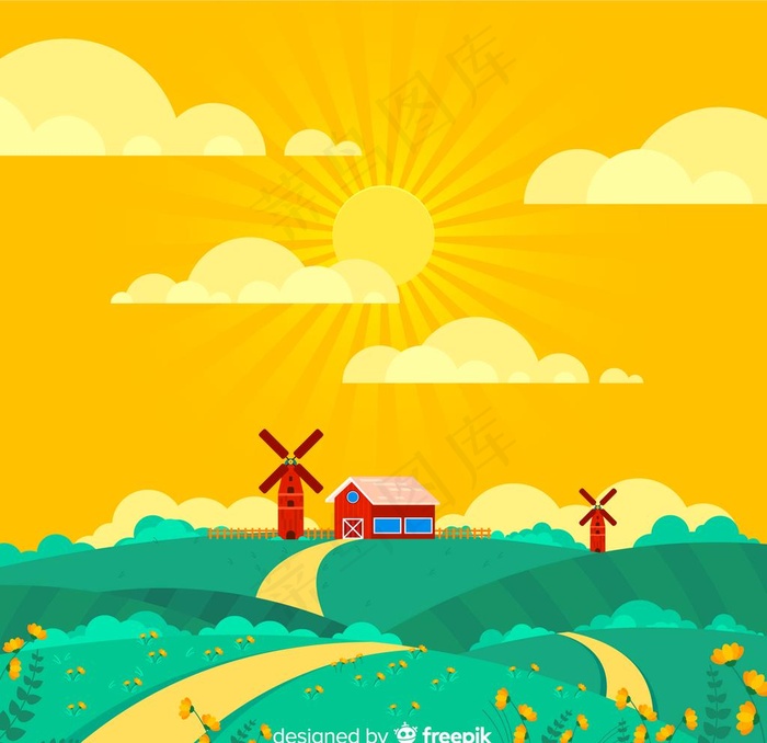 春天农场风景背景矢量图片