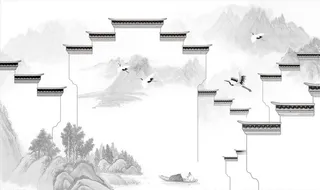 水墨山水 马头墙 鹤 背景墙图片