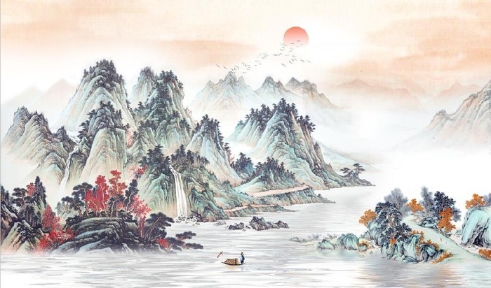 中式青绿山水国画电视背景墙图片(9071x5669)