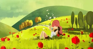 油画风草地女孩插画图片