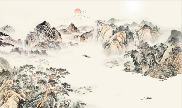 新中式仿古山水国画电视背景墙图片