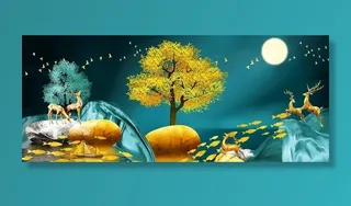 金色转运石麋鹿意境山水装饰画图片