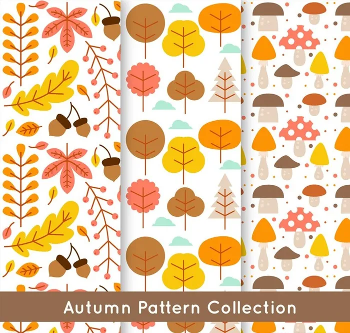 3款扁平化秋季植物无缝背景图片ai矢量模版下载