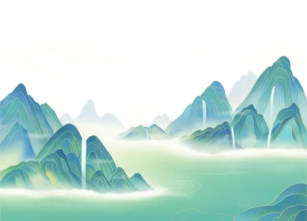 绿色手绘国潮古风中国风山水元素图片