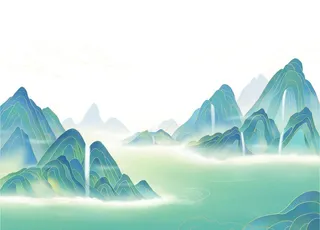 绿色手绘国潮古风中国风山水元素图片