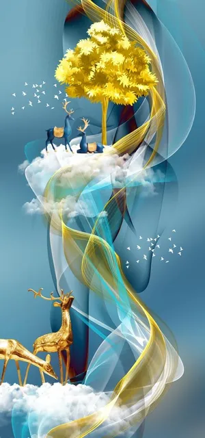 飘带金色麋鹿玄关装饰画图片