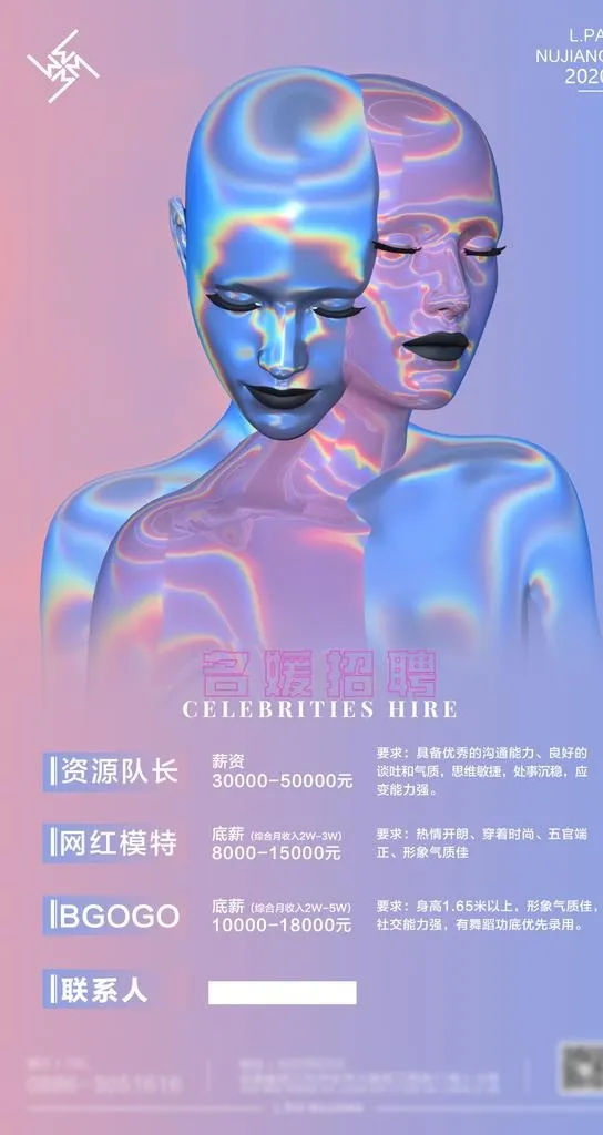 酒吧名媛资源部招聘海报图片(1080x1920)psd模版下载