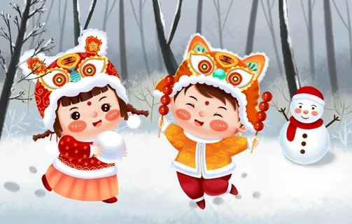 虎年春节虎头帽福娃玩雪插画图片