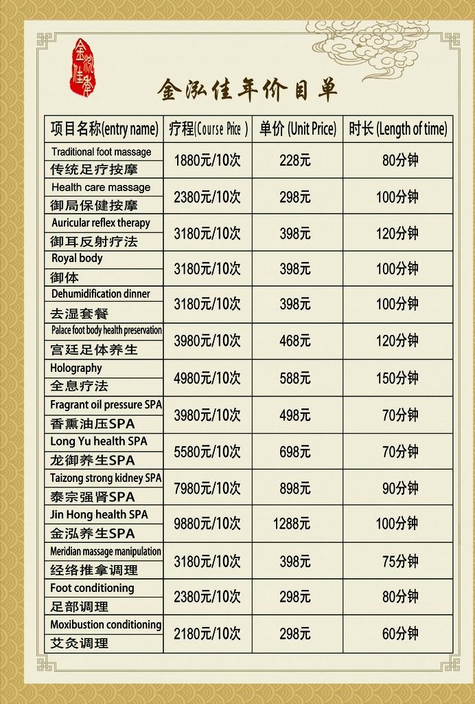足浴养生价目表图片(2480x3508)psd模版下载