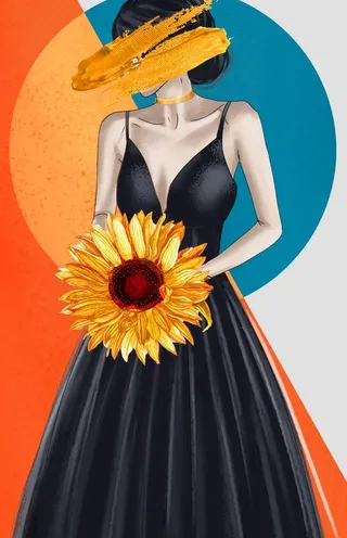 手拿菊花时尚女士挂画图片