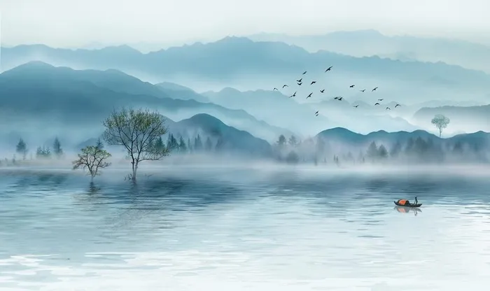 水墨山水简约花鸟客厅装饰画图片