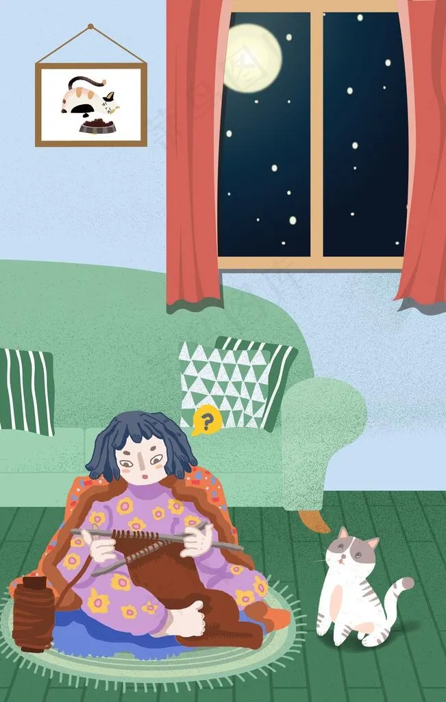 女孩和猫插画图片(3545x5315)psd模版下载