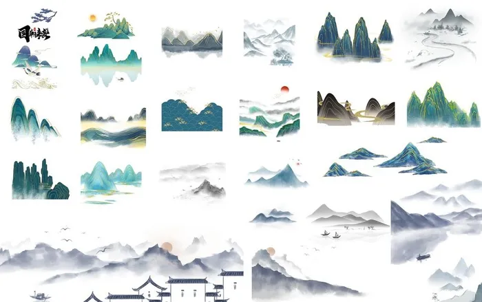 中国风国潮山水祥云png免扣图片(3800x2500)psd模版下载