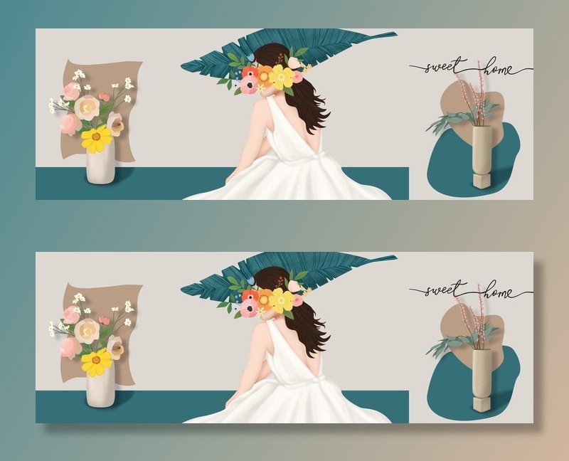 手绘美女花卉插画三联装饰画图片