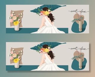 手绘美女花卉插画三联装饰画图片