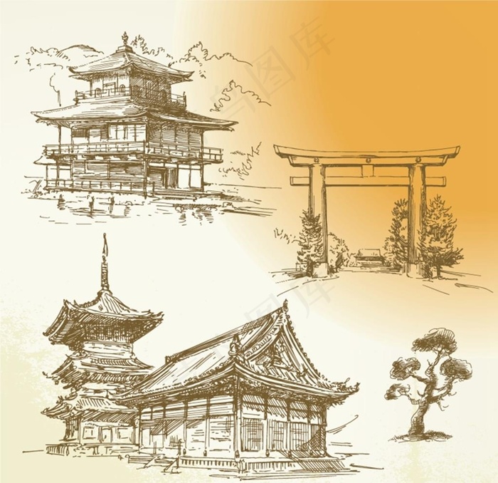 手绘古代建筑图片