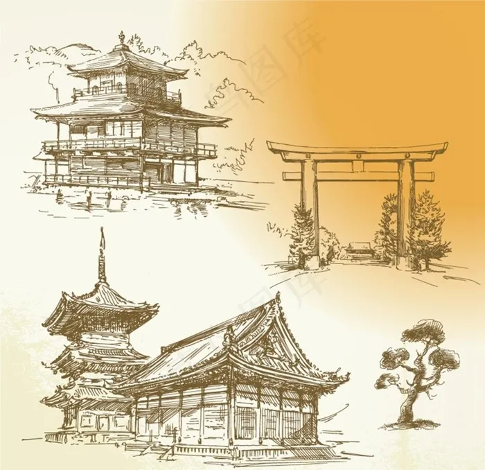 手绘古代建筑图片ai矢量模版下载