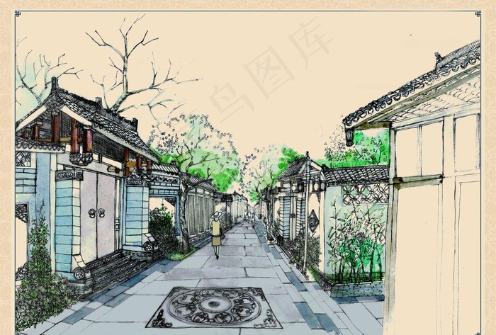 古城街道手绘效果图片