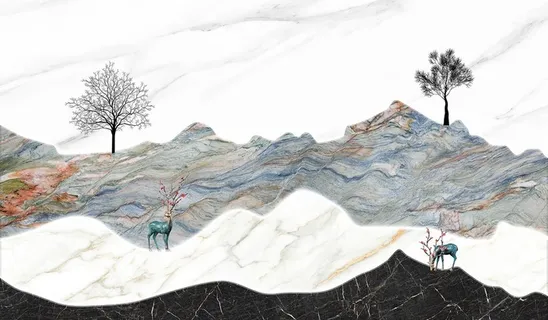 跃层石纹山水麋鹿图片