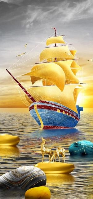 一帆风顺金色麋鹿意境山水装饰画图片