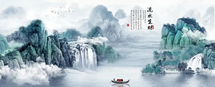 流水生财装饰画图片(9449x4134)