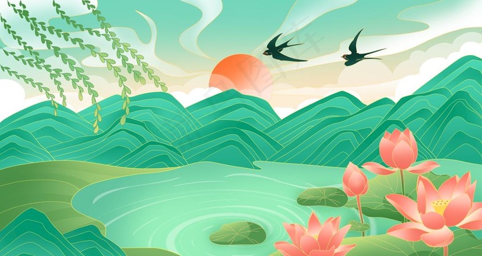 国潮风春天江南烟雨插画图片psd模版下载