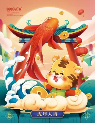 国潮卡通虎年手绘海报 图片