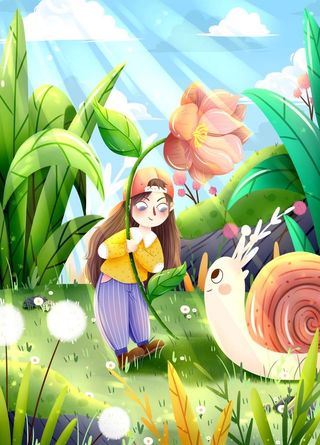 花园女孩蜗牛插画图片