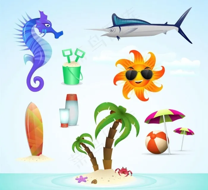 夏日沙滩图标矢量图片ai矢量模版下载