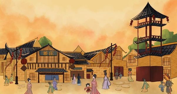 古代街道商铺插画图片