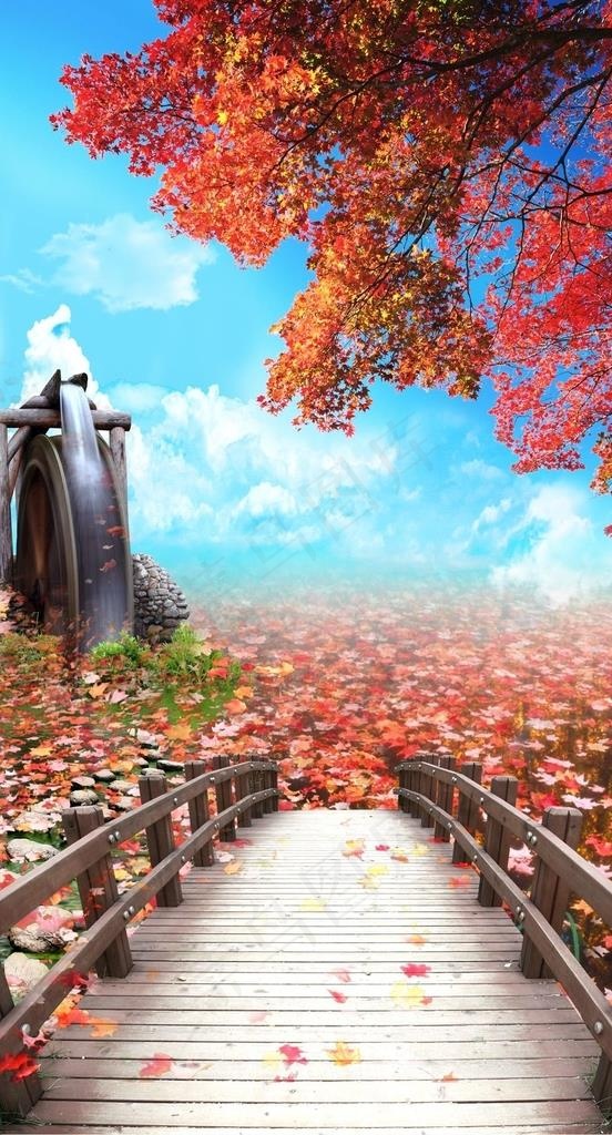 黑色枫树小桥装饰画图片