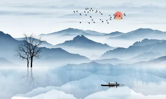 中式抽象水墨山水背景墙图片 中式抽象水墨山水背景墙图片