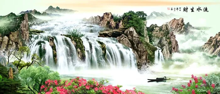流水生财墨瀑布山脉装饰画挂画图片(5906x2708)psd模版下载