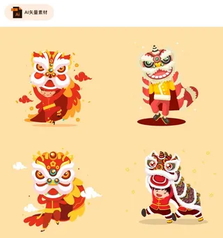 节日舞狮男孩矢量素材图片