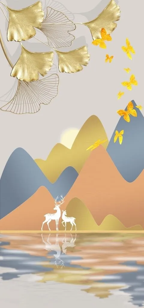 金色银杏叶麋鹿装饰画图片(10630x21260)psd模版下载