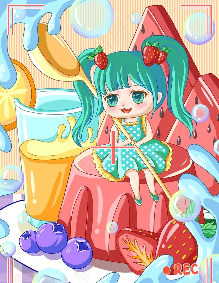 夏日冷饮布丁女孩可爱插画海报图片