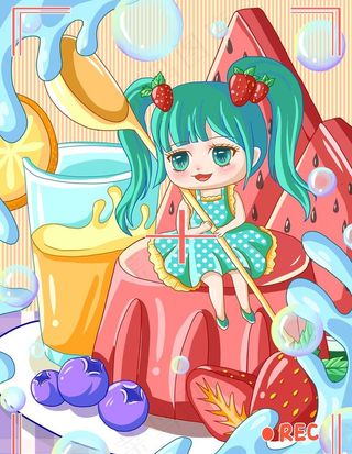 夏日冷饮布丁女孩可爱插画海报图片