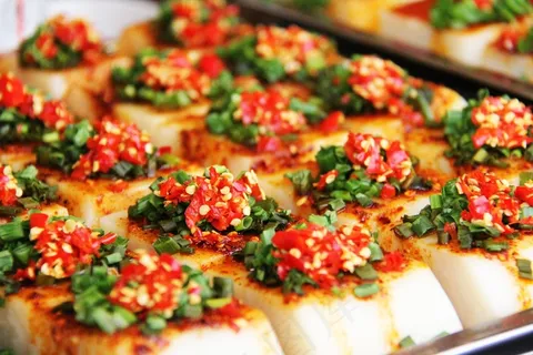 香辣，山药蛋糕，蒸汽，豆腐，软，零食，美味