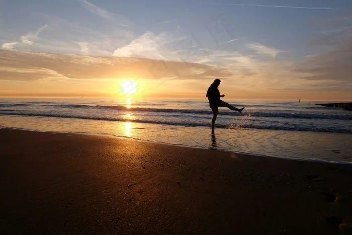 嬉戏，海滩，日落，女孩，侧影，太阳，大海