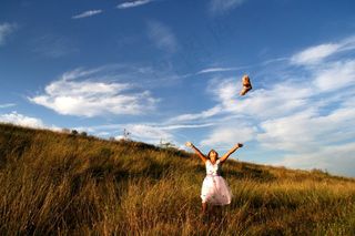 女孩，泰迪熊，泰迪熊，飞行，天空，平原