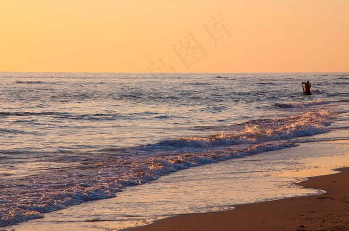 海滩，人，水，渔夫，日落